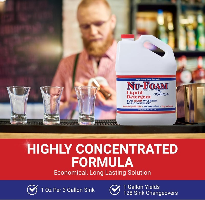 Nu-Foam Liquid Detergent for Bar Glassware – Original Streak-Free Solution - Hand Washing Bar, Tavern, Brewery Supplies - Concentrated - 1 Gallon - Image 2